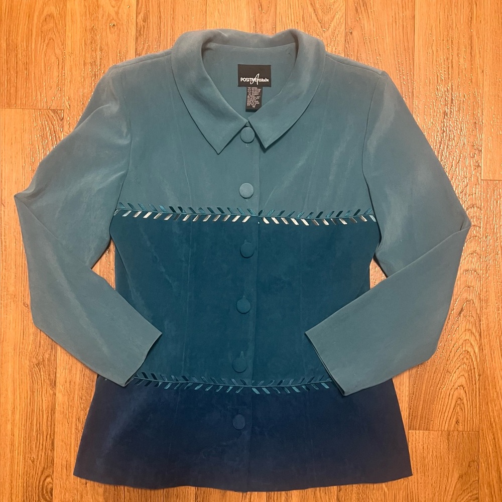 Positive Attitude Jacket Womens 10 Teal Ombre Button Front Blazer Coat